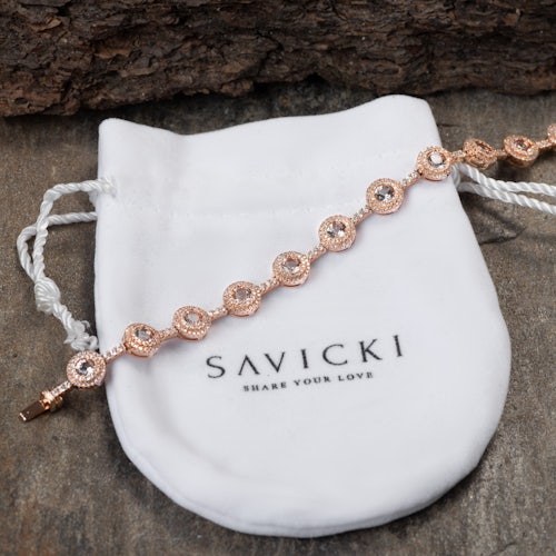 Bransoletka tenisowa SAVICKI: różowe złoto, morganity